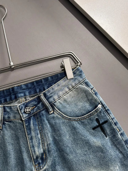 Cross Embroidery Ripped Denim Shorts