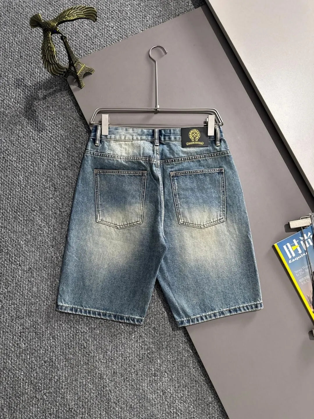 Cross Embroidery Ripped Denim Shorts