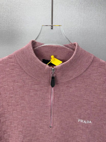 Embroidery  Checker Half Zip Knit Sweater
