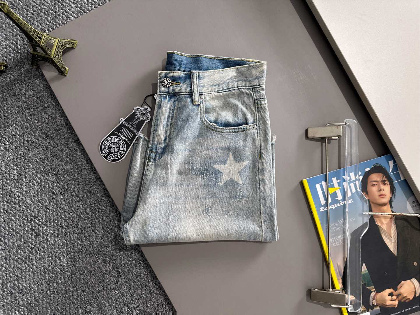 Star Print Frayed Denim Shorts