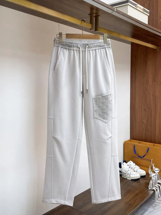 Embossed Monogram Patch Pocket Straight‑Leg Pants