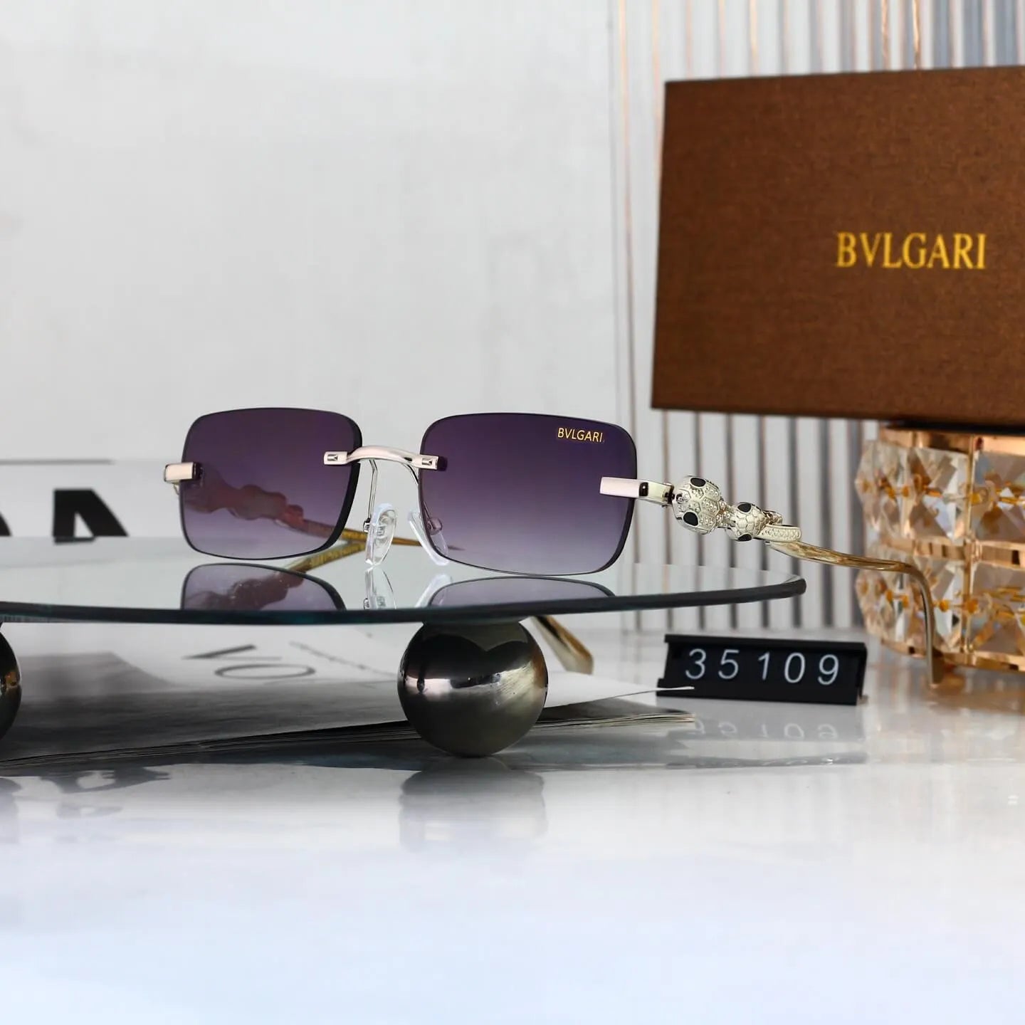 Snake Detail Rimless Rectangle Sunglasses