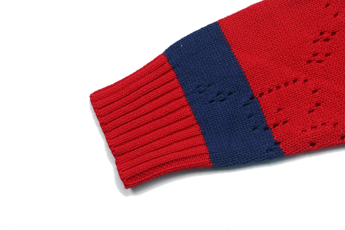 Red & Navy Stripe Crew Neck Knit Sweater