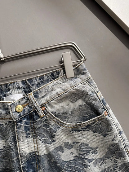 Wave Jacquard Washed Denim Shorts