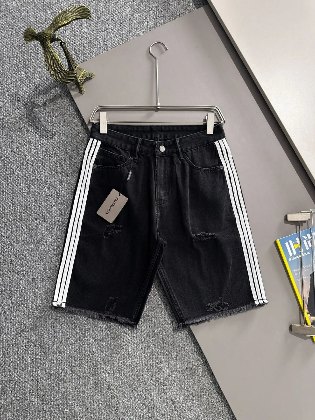 Side Stripe Frayed Hem Ripped Denim Shorts