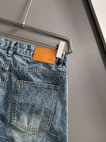Cracked Texture Washed Denim Shorts