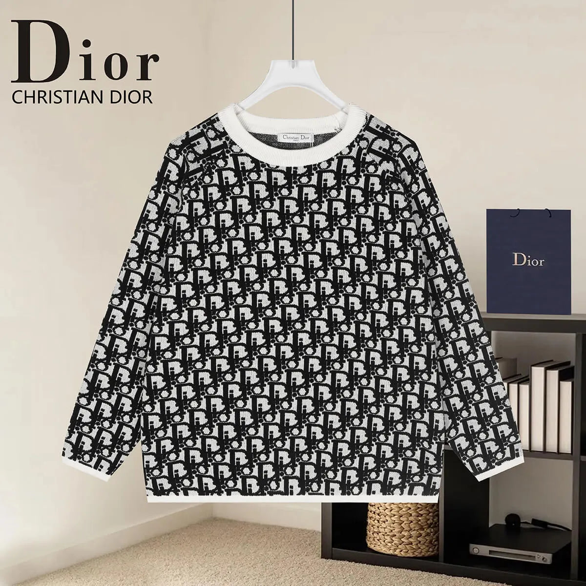 Oblique Jacquard Crew Neck Knit Sweater