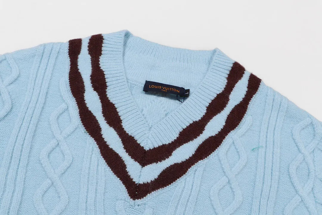 Cable‑Knit V‑Neck Striped Sweater