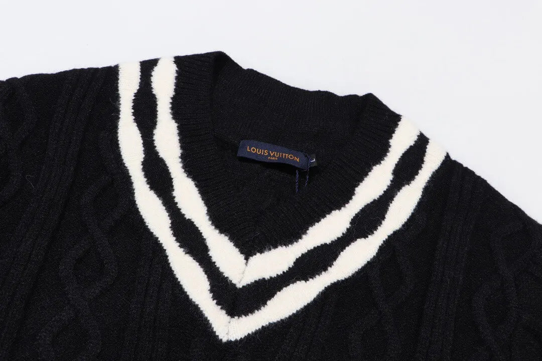 Cable‑Knit V‑Neck Striped Sweater