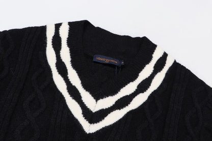 Cable‑Knit V‑Neck Striped Sweater