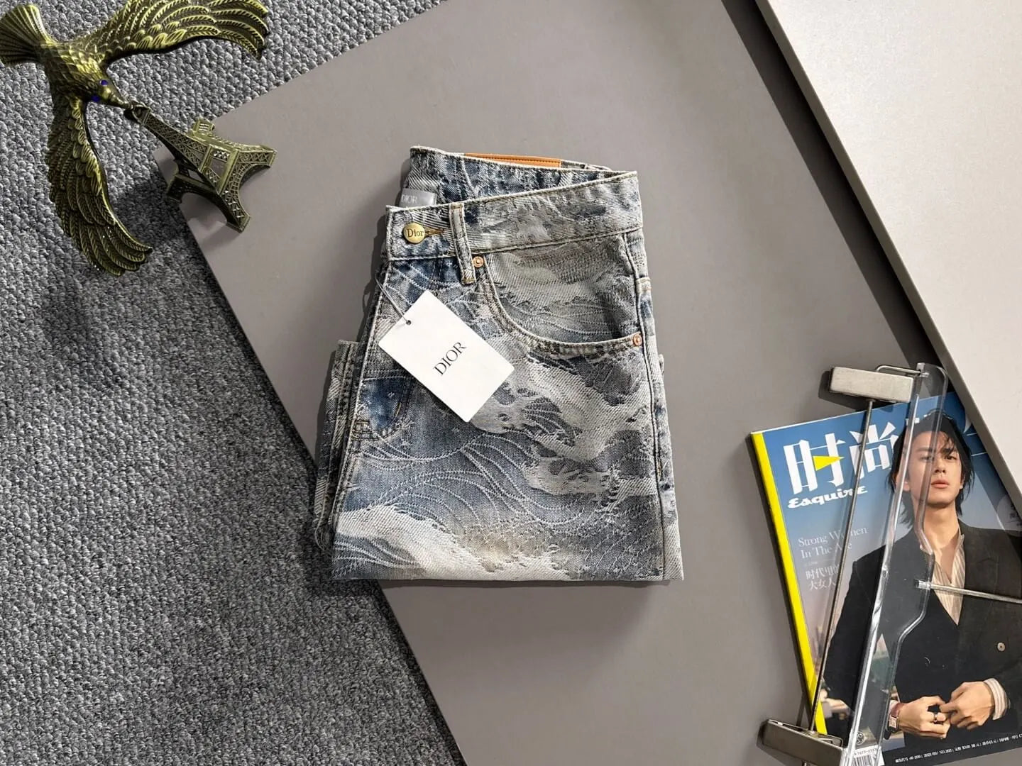 Wave Jacquard Washed Denim Shorts