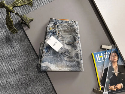 Wave Jacquard Washed Denim Shorts