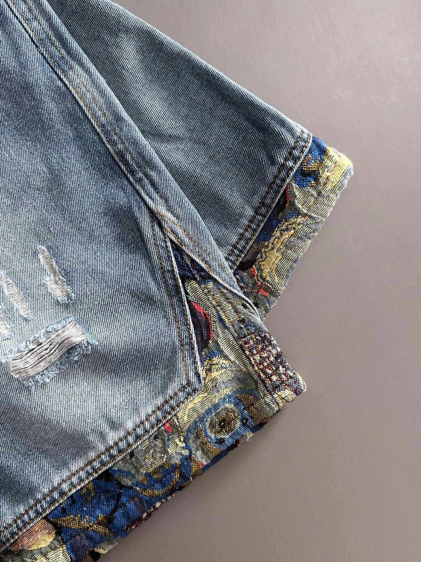 Patchwork Trim Distressed Denim Shorts