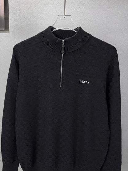 Embroidery  Checker Half Zip Knit Sweater