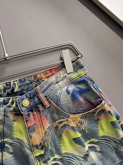 Colorful Horse Jacquard Denim Shorts