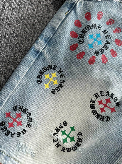 Colorful Cross Print Washed Denim Shorts