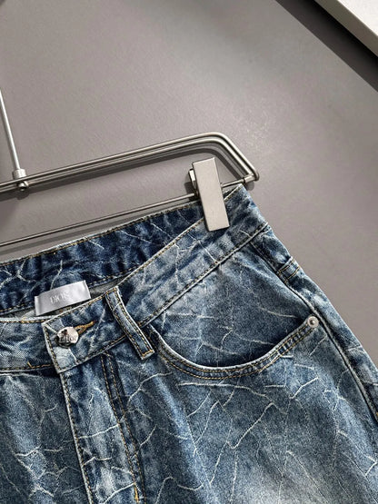 Cracked Texture Washed Denim Shorts
