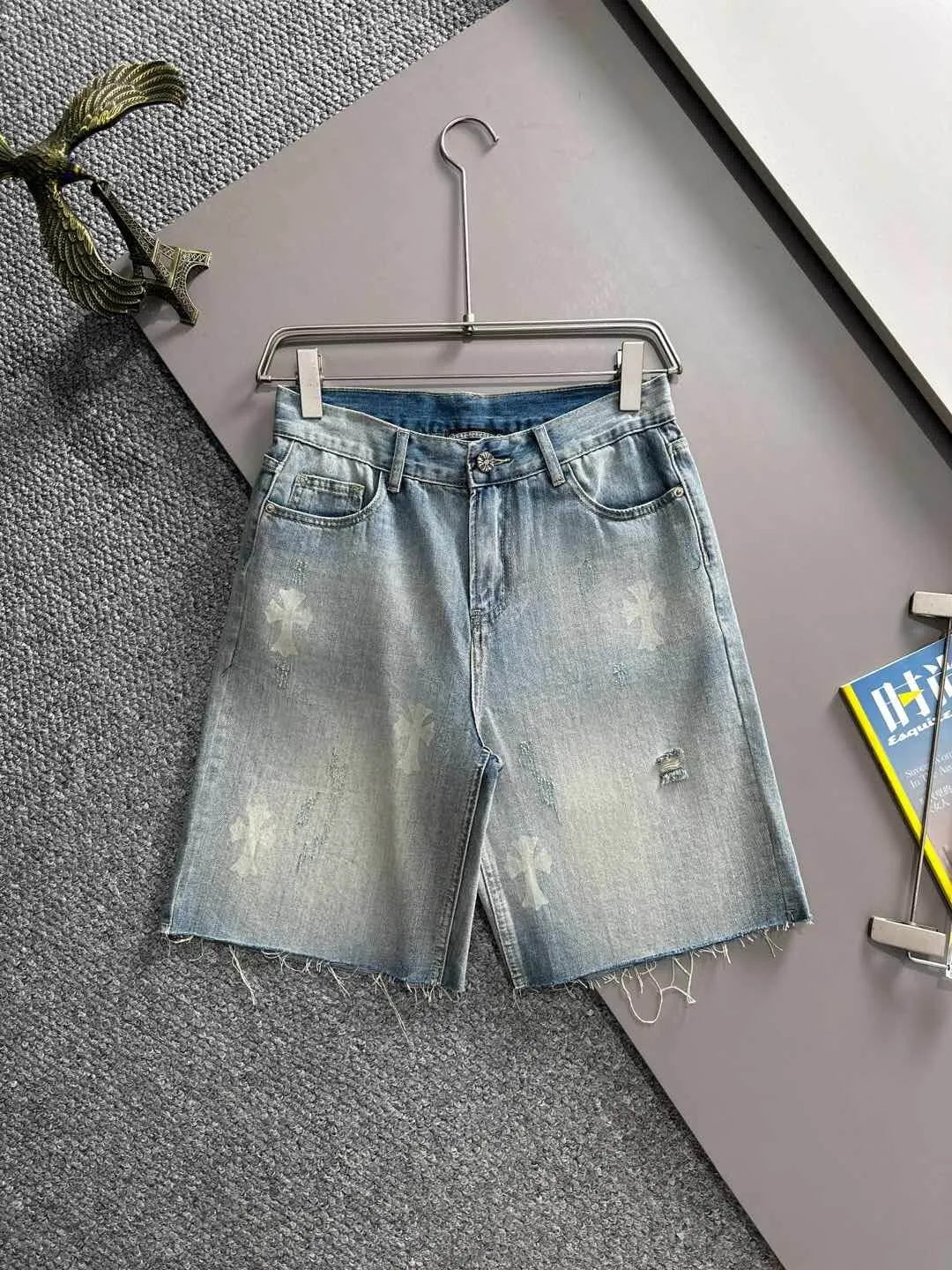 Cross Print Distressed Denim Shorts