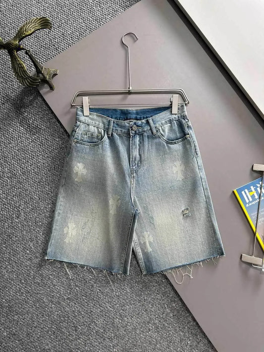 Cross Print Distressed Denim Shorts