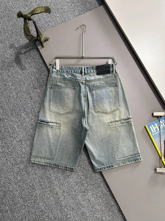 Cargo Pocket Stitching Washed Denim Shorts