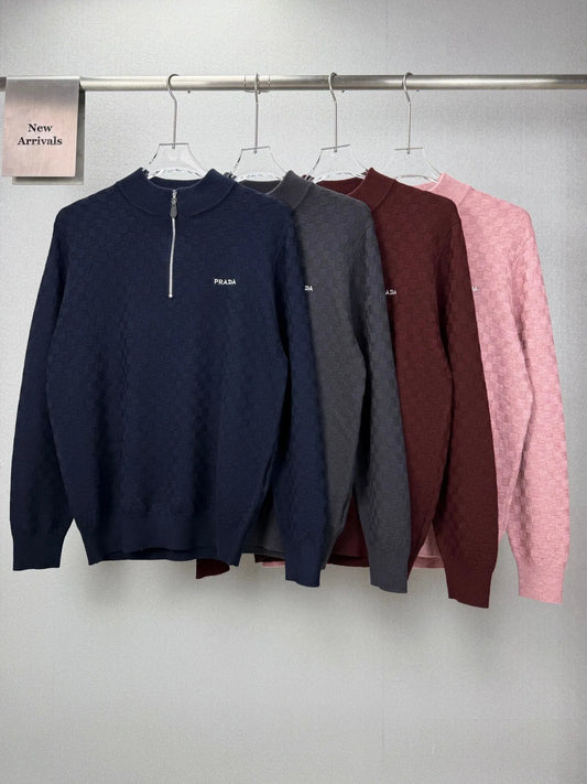 Embroidery  Checker Half Zip Knit Sweater