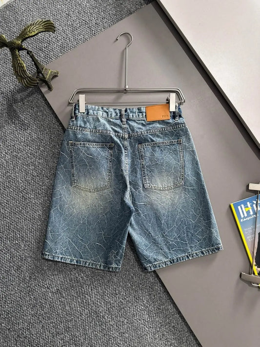 Cracked Texture Washed Denim Shorts
