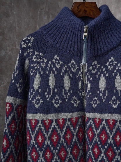 Geometric Jacquard Diamond Zip‑Up Sweater Jacket