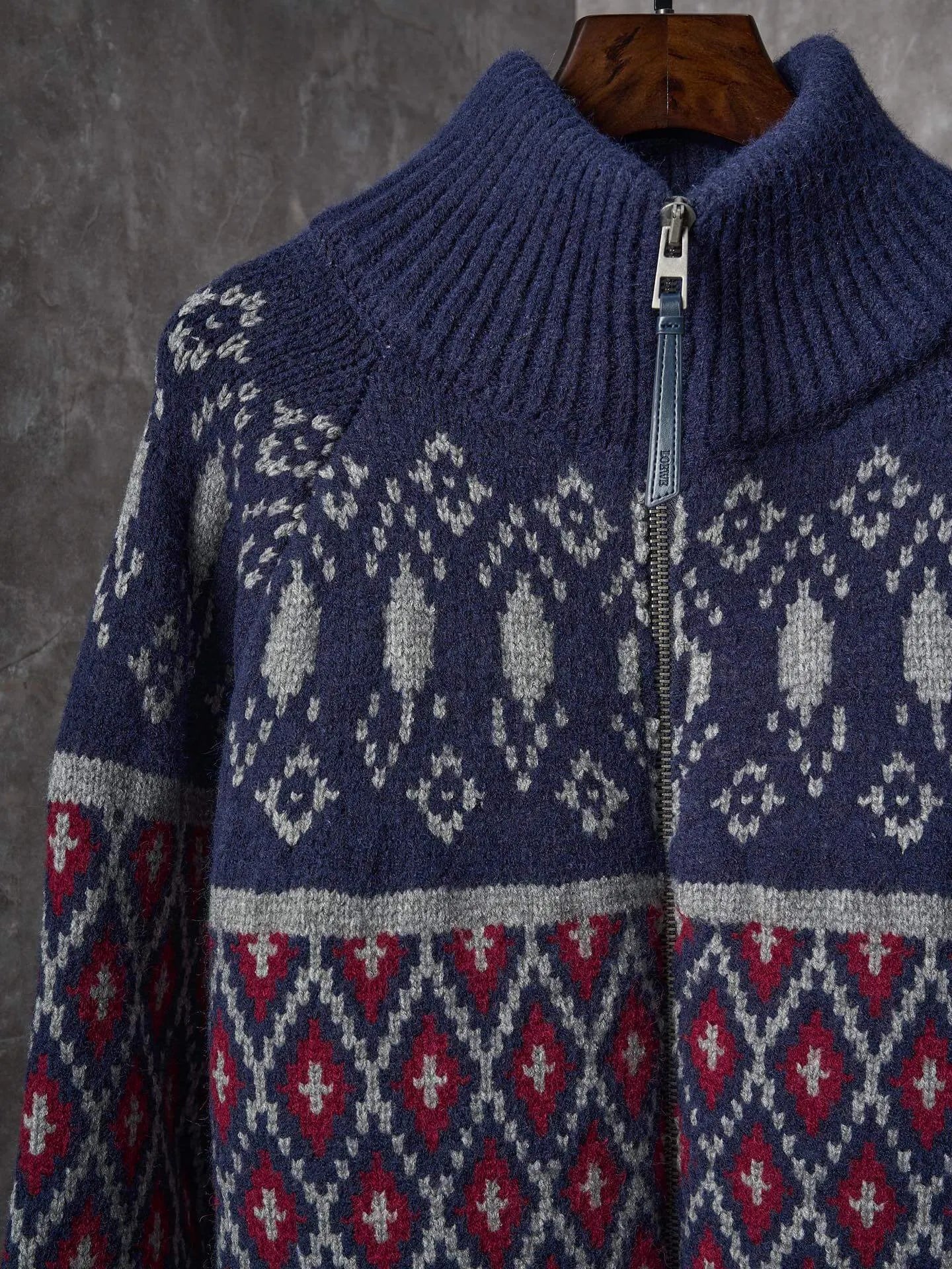 Geometric Jacquard Diamond Zip‑Up Sweater Jacket