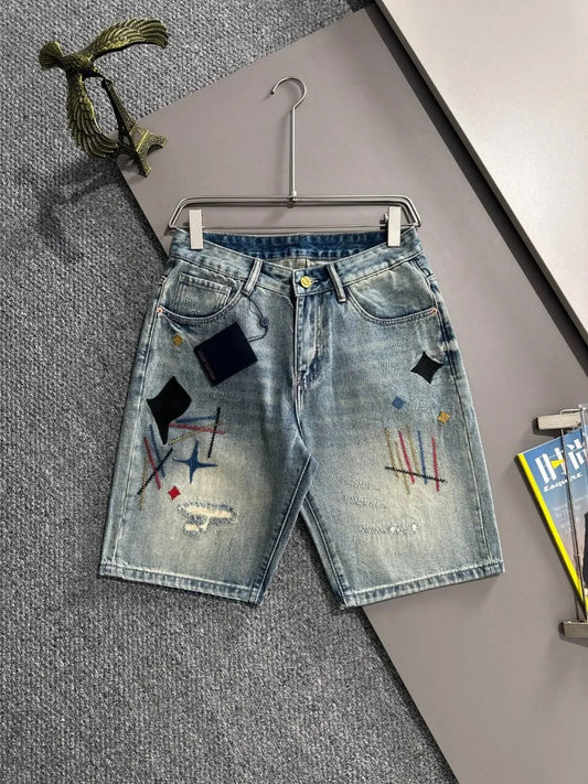 Abstract Embroidery Distressed Denim Shorts