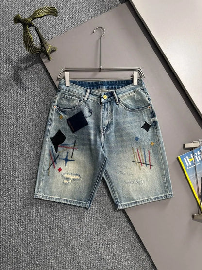 Abstract Embroidery Distressed Denim Shorts