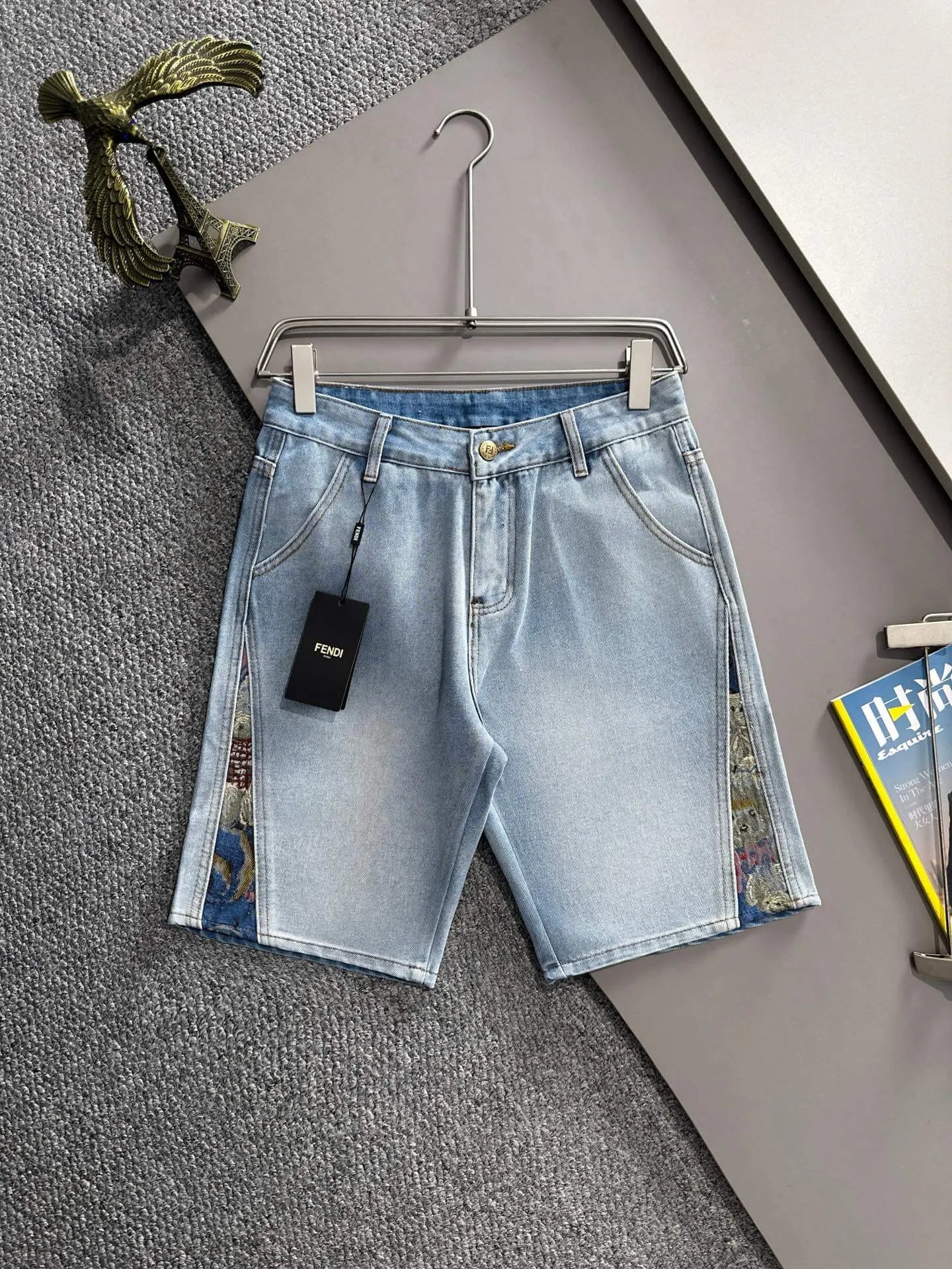 Side Jacquard Panel Denim Shorts