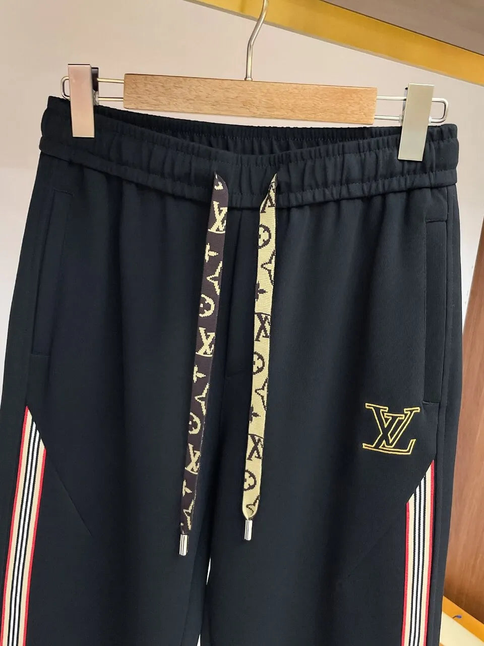 Monogram Drawstring Color‑Stripe Wide‑Leg Pants