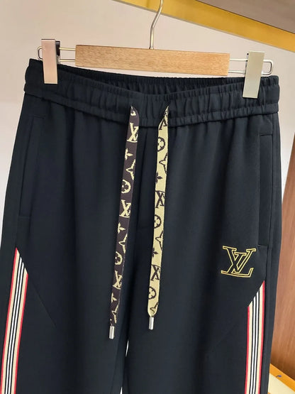 Monogram Drawstring Color‑Stripe Wide‑Leg Pants