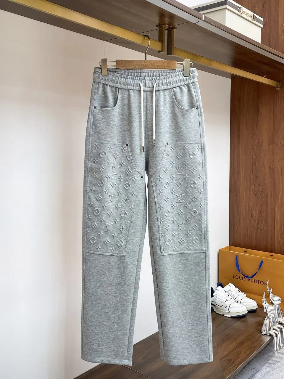 Embossed Monogram Patch Pocket Wide‑Leg Pants