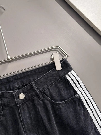 Side Stripe Frayed Hem Ripped Denim Shorts