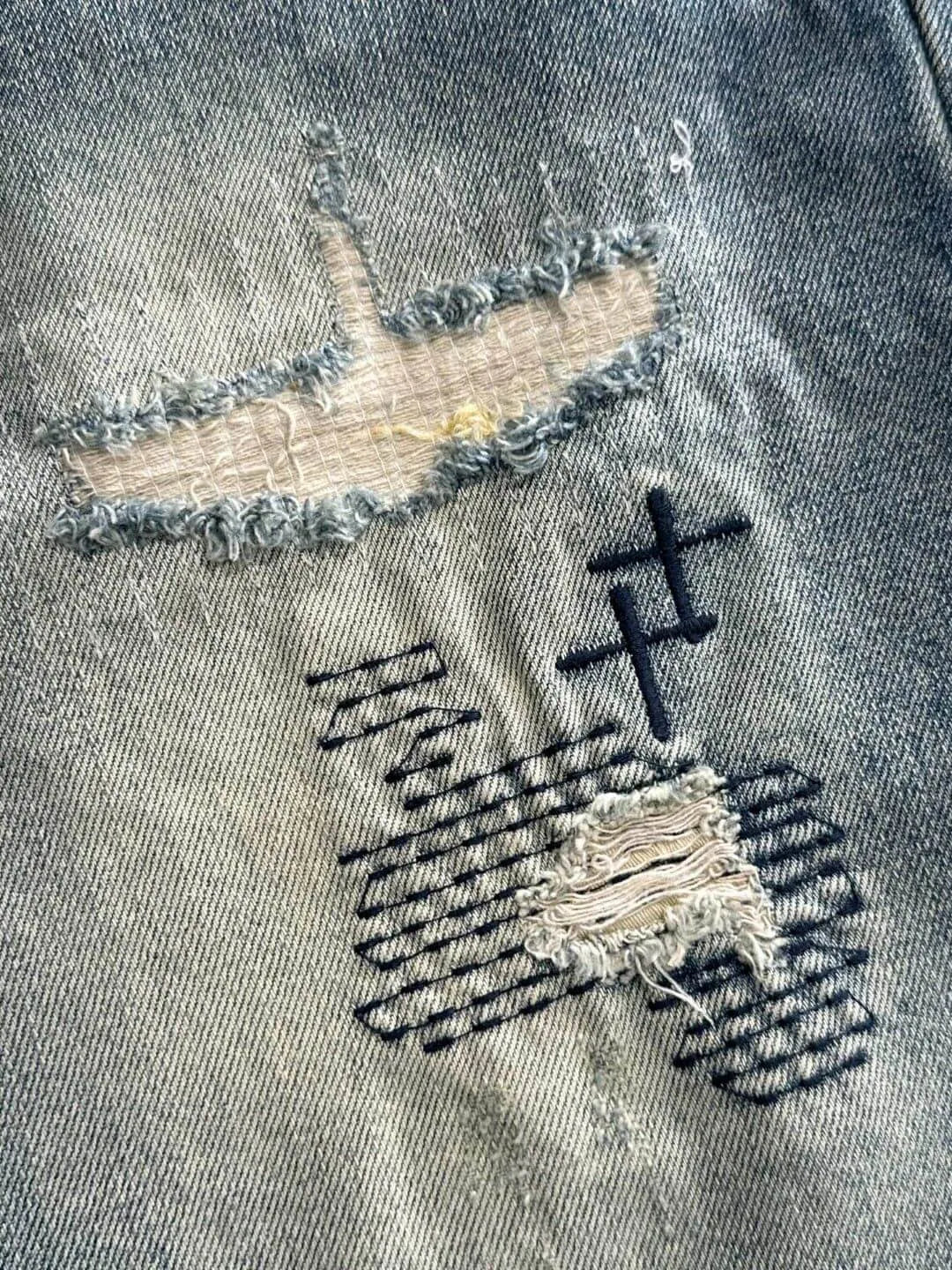 Cross Embroidery Ripped Denim Shorts