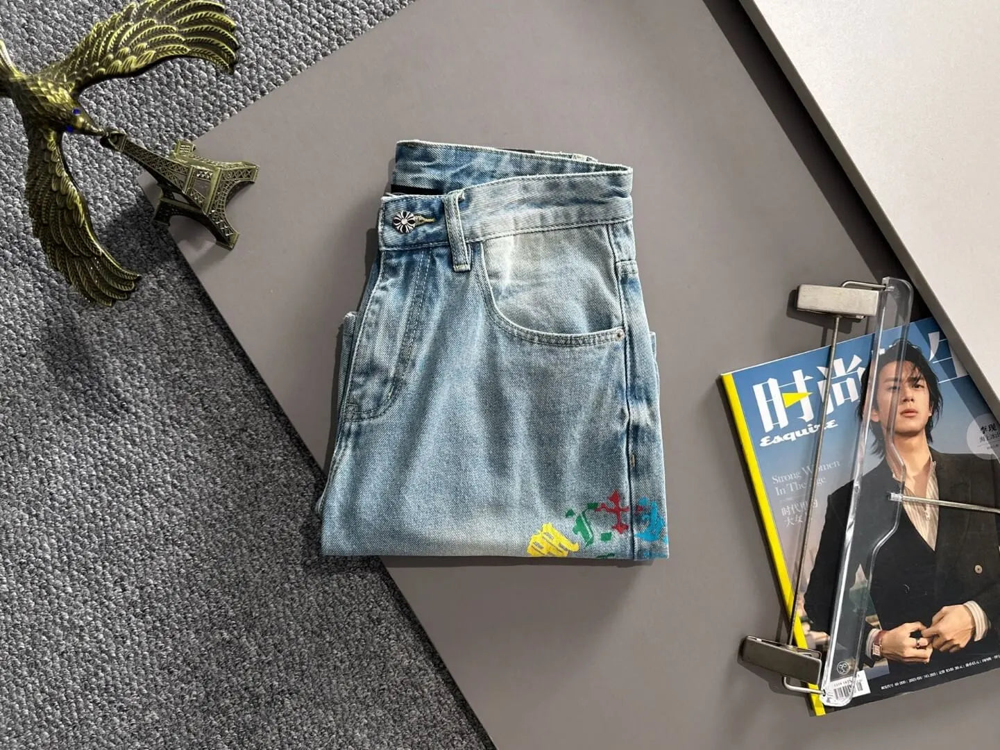 Colorful Cross Print Washed Denim Shorts