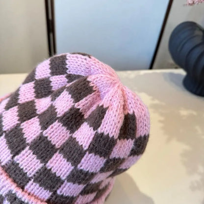 Checkerboard Embroidered Knit Beanie