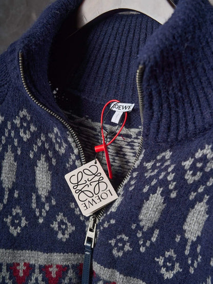 Geometric Jacquard Diamond Zip‑Up Sweater Jacket