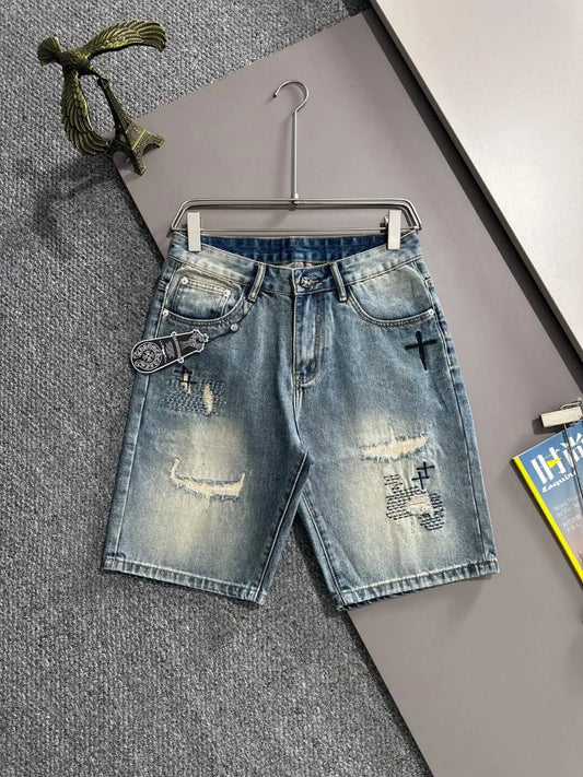 Cross Embroidery Ripped Denim Shorts