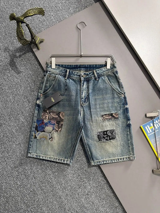 Ethnic Patchwork Decor Denim Shorts