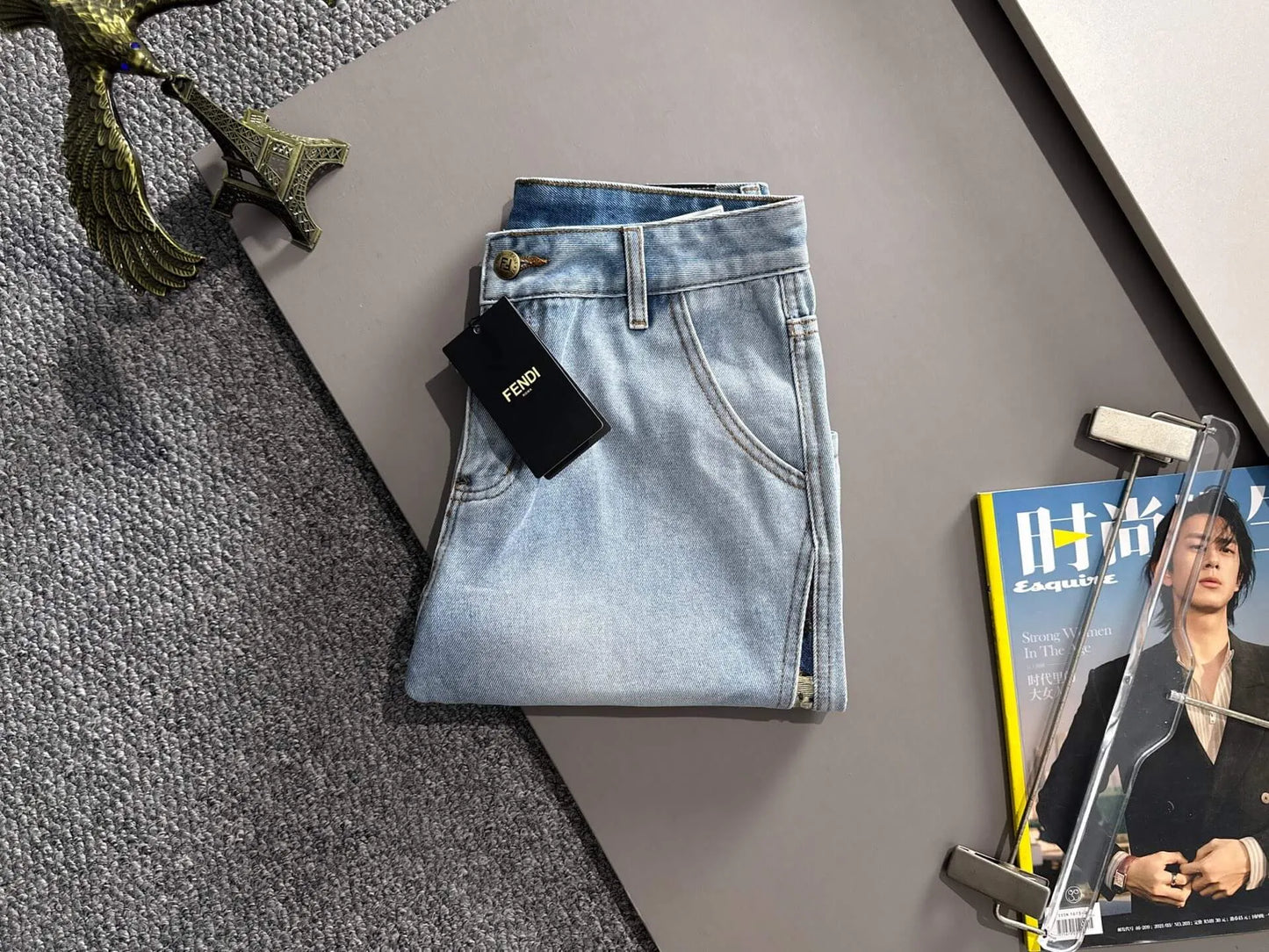 Side Jacquard Panel Denim Shorts