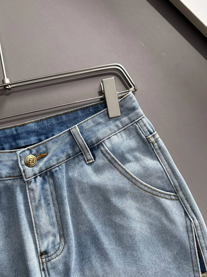 Side Jacquard Panel Denim Shorts