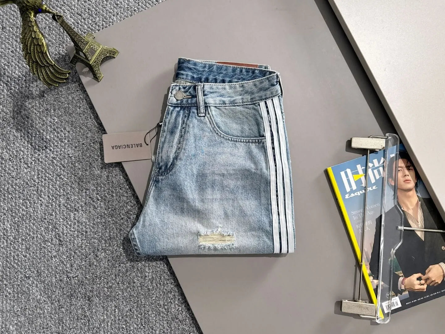 Side Stripe Frayed Hem Ripped Denim Shorts