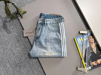 Side Stripe Frayed Hem Ripped Denim Shorts