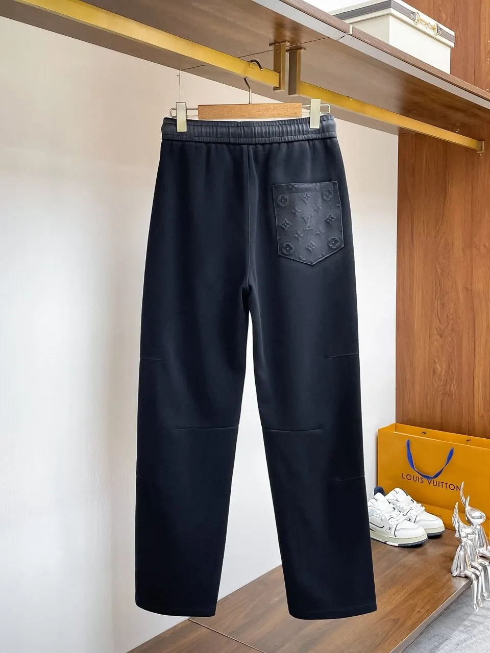 Embossed Monogram Patch Pocket Straight‑Leg Pants