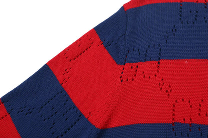 Red & Navy Stripe Crew Neck Knit Sweater